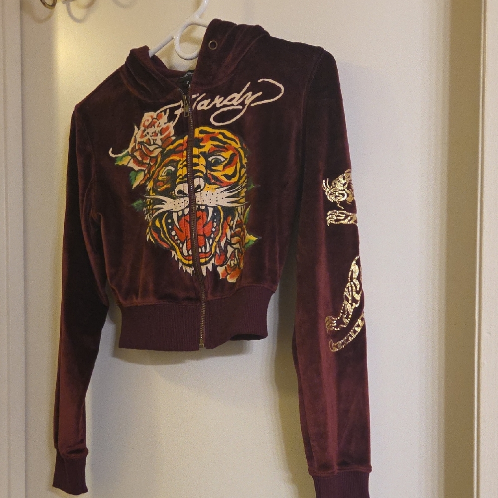 Ed Hardy Burgundy Tiger Hoodie Jacket